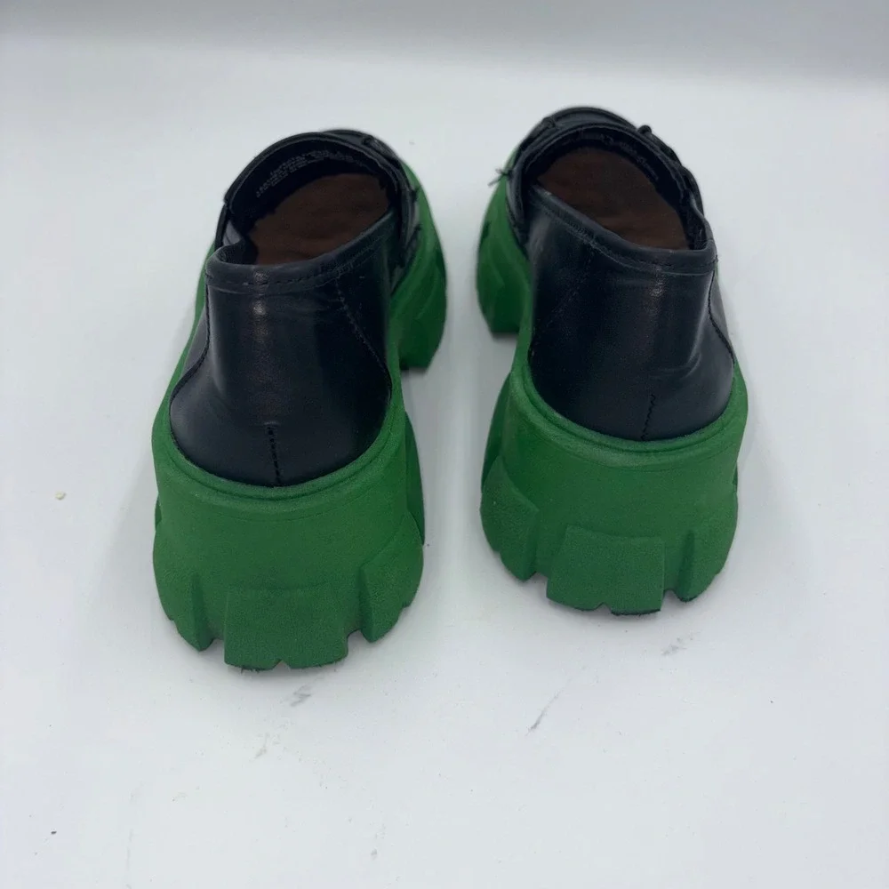 Steve Madden Trifecta Black Leather Green Chunky Platform Lug Loafers 6.5M